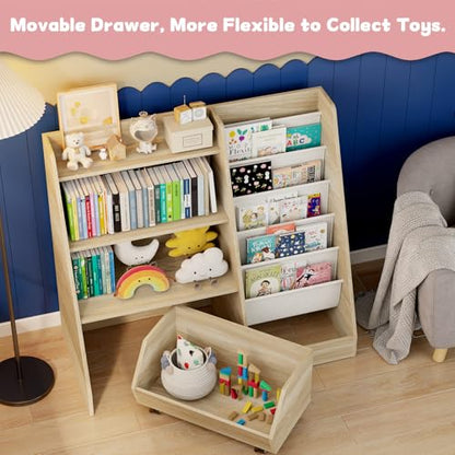 COZPAW Kids Bookshelf and Toy Storage, 4 Tier Toddler Bookshelf with Movable Drawer (Oak) - color: Oak