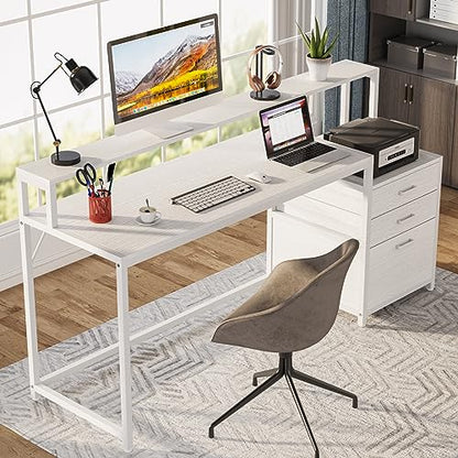 Tribesigns 63 Inch Computer Desk with File Drawer Cabinet, Ergonomic Office Desk with Monitor Stand, Computer Table with Printer Space, Wood PC Table Workstation Desk for Home Office, White - color: White
