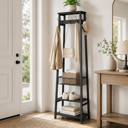 Coat Rack Freestanding, Coat Stand with Metal Basket and Storage Shelves, Hall Tree Free Standing with and 7 Hooks, Clothes Rack Stand Organizer, Black - color: Black, style: 2 Shelves + 1 Basket