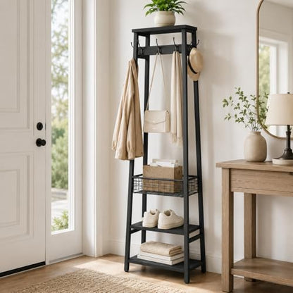 Coat Rack Freestanding, Coat Stand with Metal Basket and Storage Shelves, Hall Tree Free Standing with and 7 Hooks, Clothes Rack Stand Organizer, Black - color: Black, style: 2 Shelves + 1 Basket