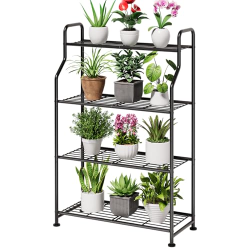 Kitsure 4-Tier Plant Stand Indoor & Outdoor, 27" x 11.4" x 41.6", Black | Metal Plant Shelf with Adjustable Leveling Feet, Easy to Assemble Planter Stand for Patio, Balcony, or Garden, Plant Shelves - size: 27" x 11.4" x 41.6"