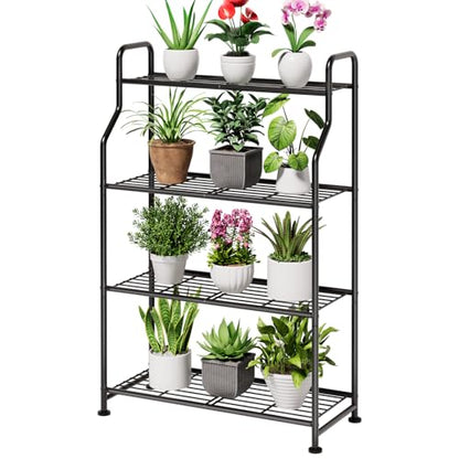 Kitsure 4-Tier Plant Stand Indoor & Outdoor, 27" x 11.4" x 41.6", Black | Metal Plant Shelf with Adjustable Leveling Feet, Easy to Assemble Planter Stand for Patio, Balcony, or Garden, Plant Shelves - size: 27" x 11.4" x 41.6"