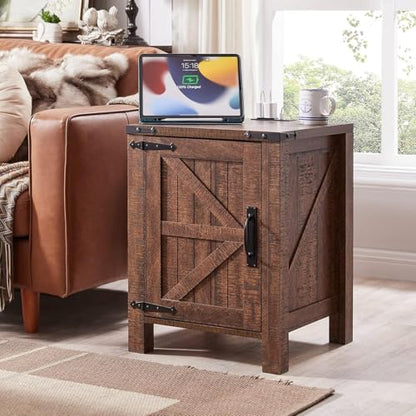 OKD 18" Farmhouse End Table Set of 2, Reclaimed Barnwood | Rustic Nightstand, Charging Station, Barn Door, Adjustable Storage Shelf, Wood Sofa Side Table, Living Room, Bedroom - color: Reclaimed Barnwood