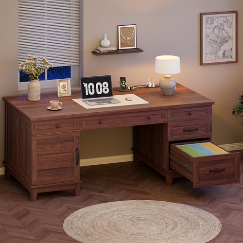 Garvee 60" Wooden Home Office Desk with File Drawers, Executive Desk with Adjustable Cabinet, Farmhouse Wood Desk with Power Outlet, Distressed Study and Work Table, Rustic Brown - color: Rustic Brown, size: 60" W