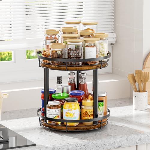 LAMU 12'' Wood Lazy Susan Spice Rack Organizer, 2 Tier Spice Organization for Cabinet, Countertop, Kitchen, Table Top, Pantry, Condiment and Seasoning Rack Organizer - size: 2 Tier 12 in