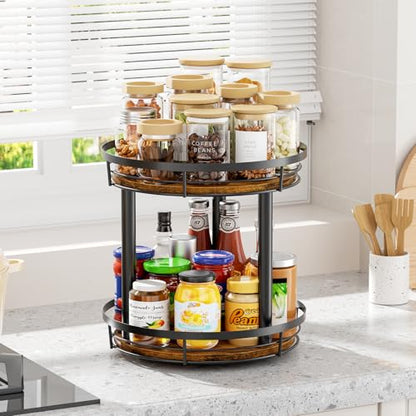 LAMU 12'' Wood Lazy Susan Spice Rack Organizer, 2 Tier Spice Organization for Cabinet, Countertop, Kitchen, Table Top, Pantry, Condiment and Seasoning Rack Organizer - size: 2 Tier 12 in