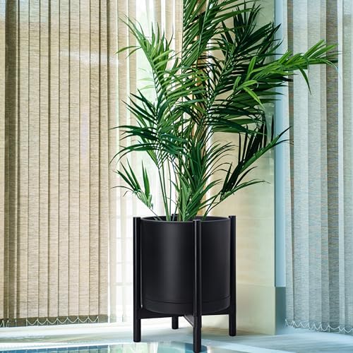D'vine Dev Plastic Pot with Ebony Wood Stand, Black, 16 in, 55-C-Z-2 | Mid-Century Inspired Design, Elevated Plant Display, Clean Lines, Sturdy Support, Modern Space-Saving Style - color: Matte Black Pot + Ebony Stand, size: 16 Inch