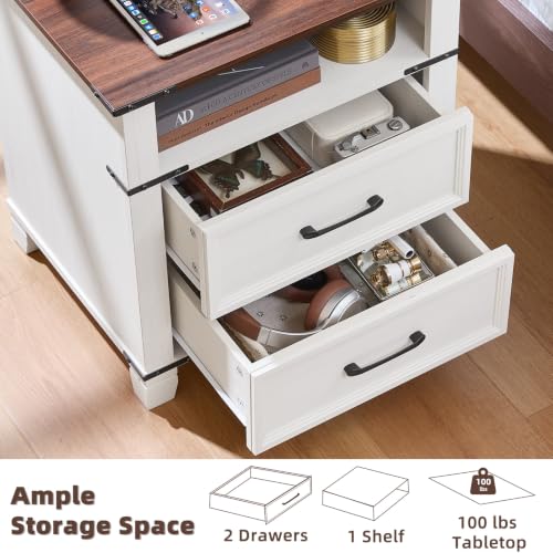 22" Farmhouse Nightstand Set of 2 with Charging Station,End Table with 2 Drawers,Rustic Wood Dresser for Bedroom,Bed Side Table Chest of Drawers Cabinet,Night Stand for Living Room,White - color: White