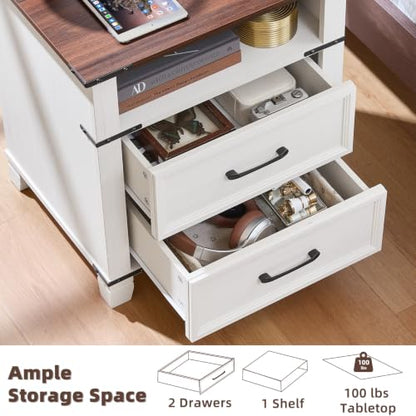 22" Farmhouse Nightstand Set of 2 with Charging Station,End Table with 2 Drawers,Rustic Wood Dresser for Bedroom,Bed Side Table Chest of Drawers Cabinet,Night Stand for Living Room,White - color: White