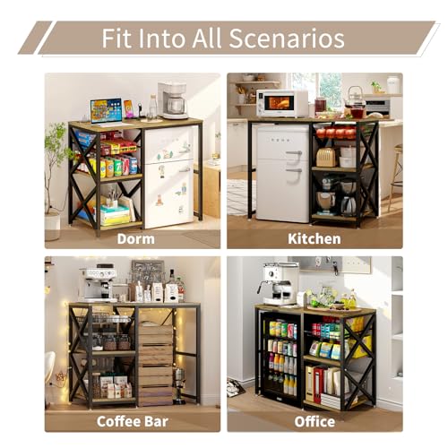 METYERRY Kitchen Bakers Rack with Power Outlet,Mini Fridge Cabinet with Mesh Basket, Mini Fridge and Microwave Table with Storage for Office,Kitchen,Living Room,Coffee Bar,Patio,Brown - color: Brown