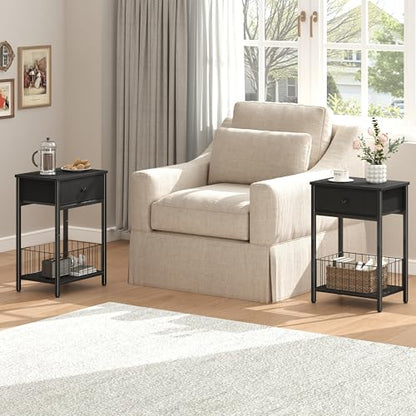 Nightstands Set of 2 with PU Leather Front Drawer, 3-Tier End Table with Bottom Mesh Basket, Industrial Bedside Tables for Bedroom, Black - color: Black