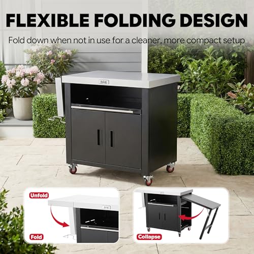 Feasto Outdoor Kitchen Island with Cabinet, 74” x 24” Rolling Grill Table | Grill Table with Stainless Steel Top for Pizza Oven& Griddles, Movable Bar Cart with Pull-Out Plate for Parties & Gathering - size: Large
