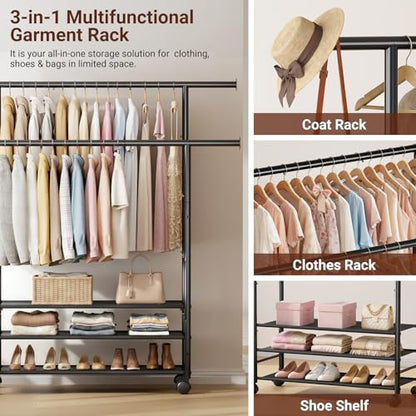 SLEEPING LAMB 44" Double Rods Clothes Rack for Hanging Clothes, Sturdy Wardrobe Clothing Rack with 3 Tier Shelves, Portable Rolling Garment Rack With Wheels for Bedroom, Laundry Living Room, Black