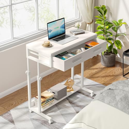 Tribesigns Portable Desk with Drawers, Mobile Laptop Desk with Wheels, Sofa Side Table Bed Desks, Small Standing Desk for Home Office (White) - color: White