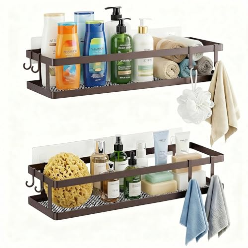 PUSDON 2-Pack 16.5" Extra Long Slim Shower Caddy, Adhesive Wall Mount Bathroom Organizer, Rustproof Open Frame Mesh Spice Rack for Kitchen, Holds 50LBS - Vintage Bronze, Guardrail - color: Vintage Bronze, size: Minimalist Open (16.5" Extra Long)