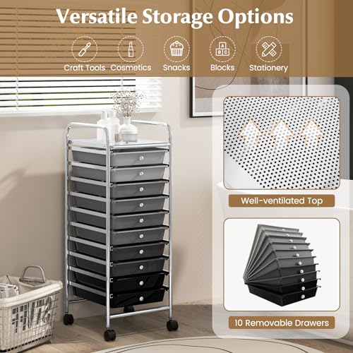 DREAMADE Rolling Cart with Storage Drawers, Utility Cart with Removable Plastic Drawers, Lockable Wheels, Art Cart for Classroom Organization Art Supplies Office Scrapbook (10 Drawers, Mixed-black) - color: Mixed-black, style: 10 Drawers