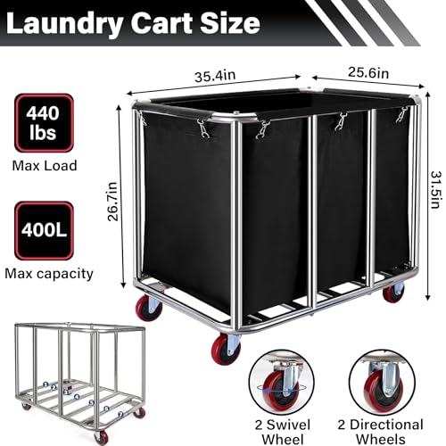 Commercial Laundry Cart with Wheels, 400L Capacity Heavy Duty Large Laundry Basket with Watertight Oxford Bag and Sturdy Steel Frame for Home, Hotel,Hospital,440 lbs(Black) - color: Black