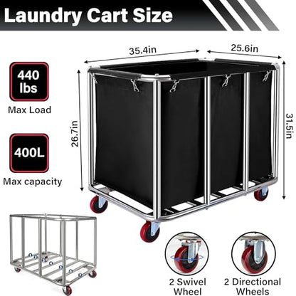 Commercial Laundry Cart with Wheels, 400L Capacity Heavy Duty Large Laundry Basket with Watertight Oxford Bag and Sturdy Steel Frame for Home, Hotel,Hospital,440 lbs(Black) - color: Black