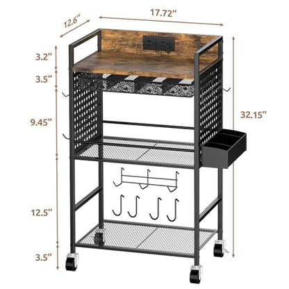 Compact Coffee Bar Cabinet with Power Outlet, Lockable Wheels, and Storage Drawer - Rustic Brown & Black for Office, Living Room, or Small Spaces