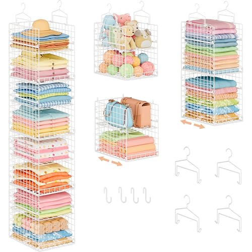 8-Tier Extended Depth Hanging Closet Organizers and Storage for Closet System, Stackable Closet Shelves with 4 Adjustable Dividers for Clothes Sweaters Purses, Wire Hanging Basket Fits Closet Laundry - color: White, size: 8-Tier