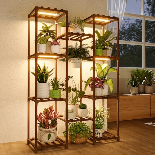 Bamworld Plant Stand with Grow Light Plant Shelf for Mutiple Pots Large Plant Holder for Living Room Patio Boho Home Decor for Gardening Warm Light - color: Brown,Warm Light, style: Cabinet with grow lights,10 Pots