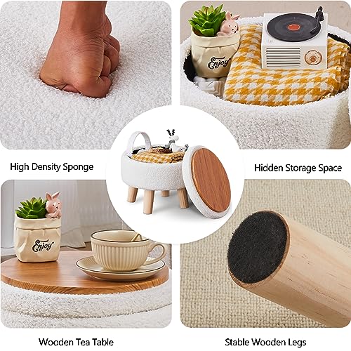 Wimarsbon Storage Ottoman, Modern Round Footrest with Soft Padded Seat, Teddy Velvet Footstool with Wood Legs, Accent Small Table or Plant Stand for Hallway, Living Room (Cream) - color: Cream