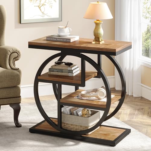 Tribesigns End Table for Living Room, 4-Tier Narrow Side Table with Storage Shelves, Industrial Bedside Table for Bedroom, Wood Small Sofa Side Table with Geometric Metal Frame (1 PC, Natural Brown) - color: Natural Brown