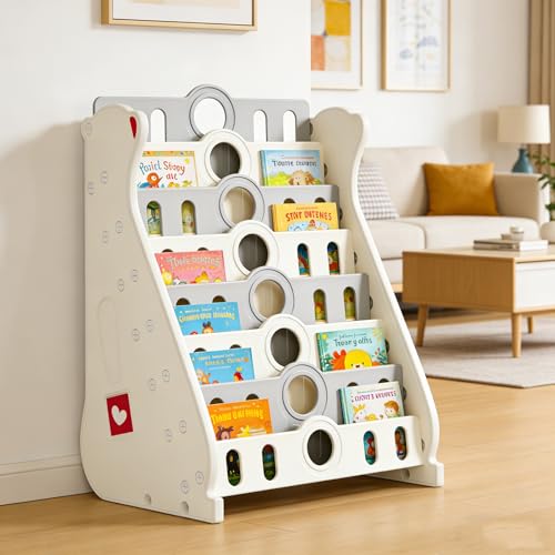 Kids Bookshelf for Toddlers, 7 Tier Bookcase for Living Room/Bedroom/Nursery/Classroom, Corner Baby Book Storage Organization Montessori Book Shelf (Grey-Bookcase) - color: Grey Bookcase-7-tier