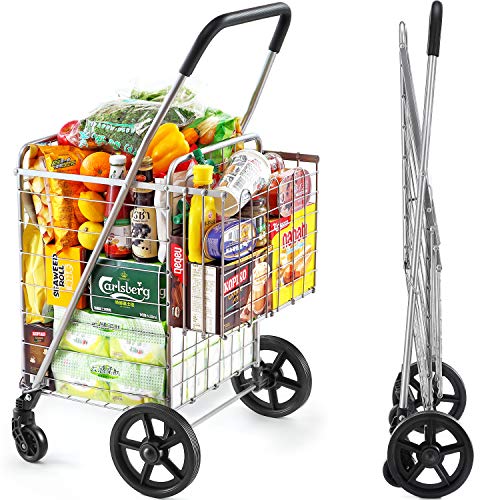Wellmax Foldable Shopping Cart with Wheels, Folding Metal Grocery Cart with Extra Basket, Swivel Front Wheels, Lightweight & Collapsible Utility Cart for Groceries, Laundry, Seniors, Silver Color - size: Large
