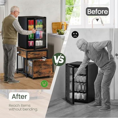 CHOEZON Mini Fridge Stand with Power Outlet, Large Side Table with 2AC and 2 USB Ports, Mobile Beverage Cart with Fabric Drawer for Dorm, Kitchen, Living Room, Rustic Brown and Black TBZ56UBF