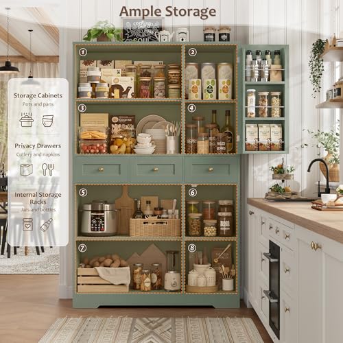 HOSTACK 67"H Farmhouse Kitchen Pantry Storage Cabinet with 3 Drawers, Green | Large Food Pantry Cabinet with Swing-Out Door Rack & Adjustable Shelf for Kitchen, Dining room, Living room - color: Green