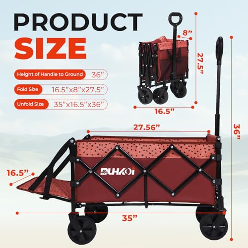 Compact Foldable Tailgate Wagon Cart with Wheels, 12 lb Lightweight Small Folding Utility Wagon for Garden, Grocery, Beach, Camping - Portable Cart (Red) - color: Brick Dot