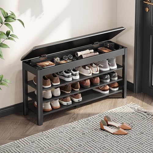 IUNVR Shoe Rack Bench Seat Rubberwood 3-Tier Wooden Storage Bench 550lbs Compact Mid-Century Modern Design for Entryway, Hallway, Closet, Front Door Entrance, Foyer - color: Black-3 Tier(wood), size: 39.4"W x 11.8"D x 20.5"H