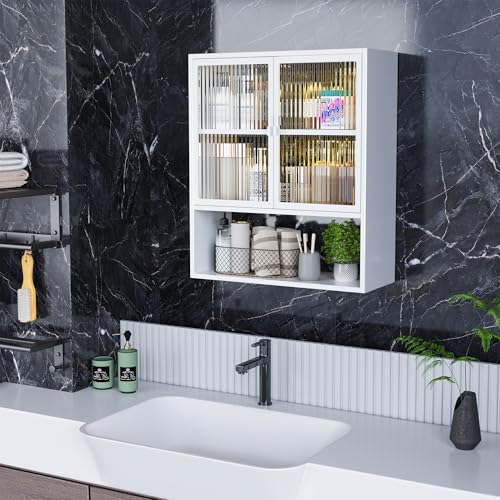 Metal Bathroom Wall Cabinet with Glass Doors | Medicine Cabinet, Wall Mounted Cabinet Over The Toilet, White Small Cupboard, 2 LED Light - style: Half Glass Door White