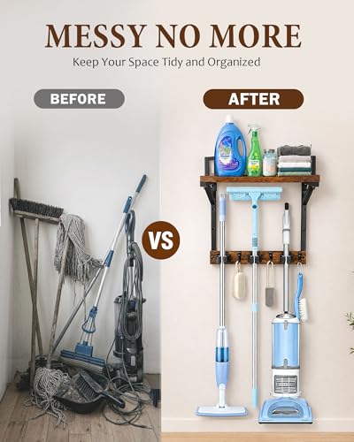 Lorbro Broom Holder Wall Mount with Cleaning Supplies Storage, Heavy Duty | 3 in 1 Broom and Mop Organizer Wall Hanging, Wooden Mop Organizer Hanger, Storage Shelves for Laundry Room, Garage - size: Medium