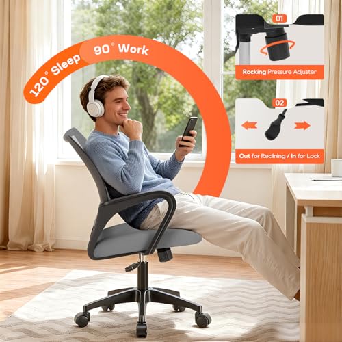 BestOffice Ergonomic Office Chair | Mid-Back Swivel Desk Chair | Grey | with Lumbar Support, Adjustable Height & Breathable Backrest | Sponge Seat & Rolling Wheels | for Home, Office | Pack of 1 - color: Grey, style: pack of 1