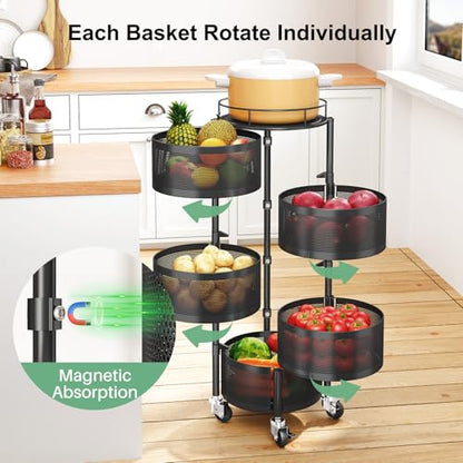 SAYZH Fruit Vegetable Basket for Kitchen, Rotating Storage Rack, 5 Tier Rolling Cart with top lid, Large Metal Wire Wheels, Black - color: Black