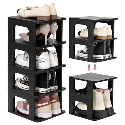 TRZZ 5-Tier Small Shoe Rack, Vertical Narrow Stackable Organizer with Removable Partition, Efficient Shoe Storage for Closet, Entryway, and Small Spaces (Black) | Removable Partition, Vertical Efficient Shoe Storage, for Closet, Entryway, Small Spaces - c