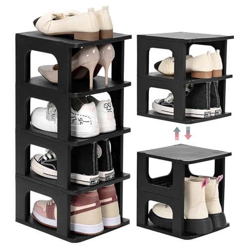 TRZZ 5-Tier Small Shoe Rack, Vertical Narrow Stackable Organizer with Removable Partition, Efficient Shoe Storage for Closet, Entryway, and Small Spaces (Black) | Removable Partition, Vertical Efficient Shoe Storage, for Closet, Entryway, Small Spaces - c