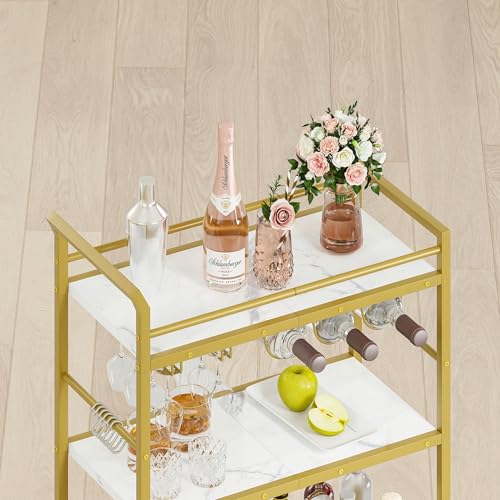 3 Tier Bar Cart, Small Beverage Cart, Mini Bar Cart with Wine Rack, Compact Mini Bar Cart - Please Refer to the Exact Dimensions for Usage Matching Dimensions: 22" W × 13" D × 35.8" H GBC507G - color: Gold, size: General