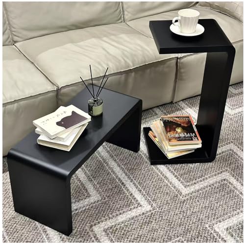 C Shaped End Table, Solid Wood Sofa Side Table for Couch, Bed, and Living Room, Space-Saving Small Snack Table for Bedroom, Office, or Balcony, Wooden Nightstand for Laptop and Narrow Spaces - color: H 27.2″ - Black, size: 2