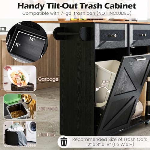Giantex Kitchen Island Cart with Hidden Tilt Out Trash Can Cabinet, Drop Leaf, 2 Drawers, Towel Rack, Rolling Mobile Breakfast Bar Table, Wood Kitchen Storage Cart on Wheels (Black & Natural) - color: Black