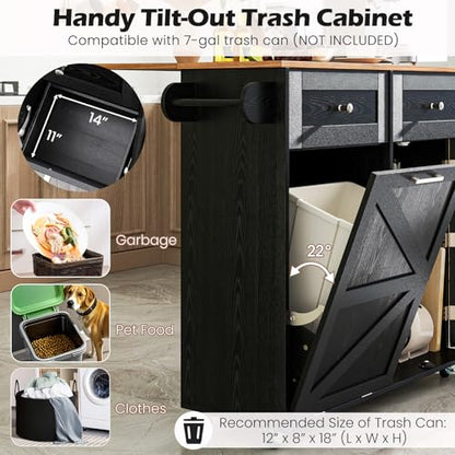 Giantex Kitchen Island Cart with Hidden Tilt Out Trash Can Cabinet, Drop Leaf, 2 Drawers, Towel Rack, Rolling Mobile Breakfast Bar Table, Wood Kitchen Storage Cart on Wheels (Black & Natural) - color: Black