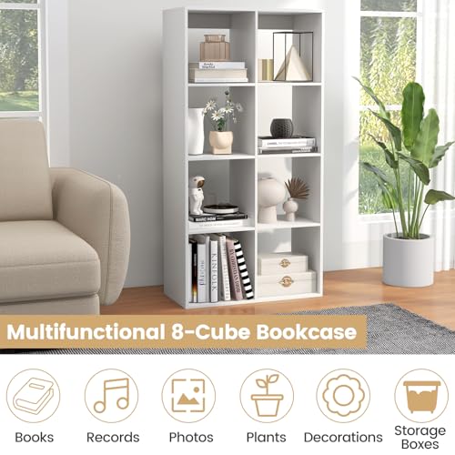 Giantex 8-Cube Bookcase, White Cubby Bookshelf w/Back Guardrail & Anti-Tipping Kits, 8-Tier Freestanding Storage Organizer with Shelves, Open Back Display Rack for Living Room, Bedroom, Study