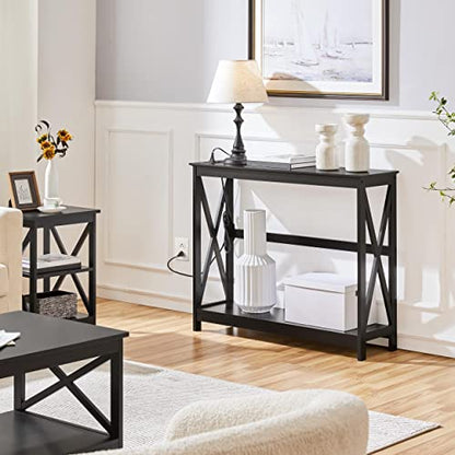 Yaheetech 40" Console Table with Power Outlets and USB Ports, Wood Entryway Table with Charging Station & Storage Shelf, Narrow 2-Tier Sofa Table for Living Room Hallway Foyer, Black - color: Black