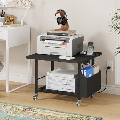 YAOHUOO 23.6"×23.6" Large Printer Stand with Power Outlet, Printer Table with Storage Side Pocket, Heavy Duty Rolling Cart for Home Office 3D Printer/Laser/Heat Press Table, Black - color: Black