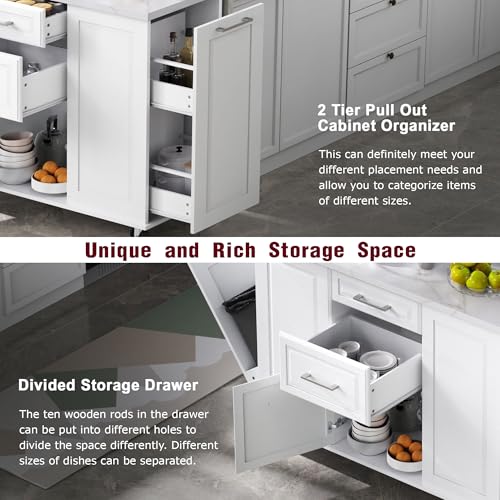 Kitchen Island with Trash Can Storage Cabinet and Faux Marble Top | White, 50.7" Rolling Kitchen Cart on Wheels with Drop Leaf, Spice Rack, Towel Rack and Adjustable Shelf for Dining Room - color: White
