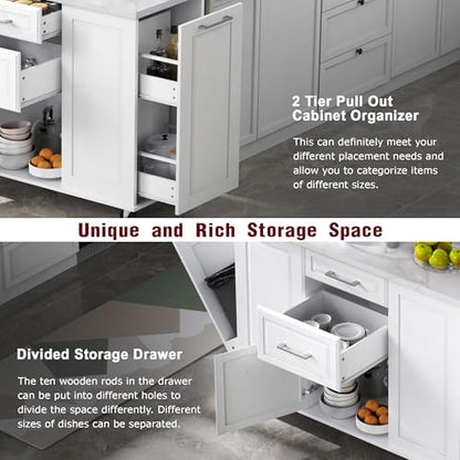 Kitchen Island with Trash Can Storage Cabinet and Faux Marble Top | White, 50.7" Rolling Kitchen Cart on Wheels with Drop Leaf, Spice Rack, Towel Rack and Adjustable Shelf for Dining Room - color: White