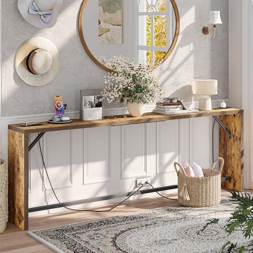 TIQLAB Sofa Table, 79''L x 9.1''W (1.2'' Thickness) Long Console Table Behind Couch, Entryway Table with Angled Metal Frame, Industrial Console Table, Rustic Brown - color: Rustic Brown, size: 79''L x 9.1''W x 31.5''H