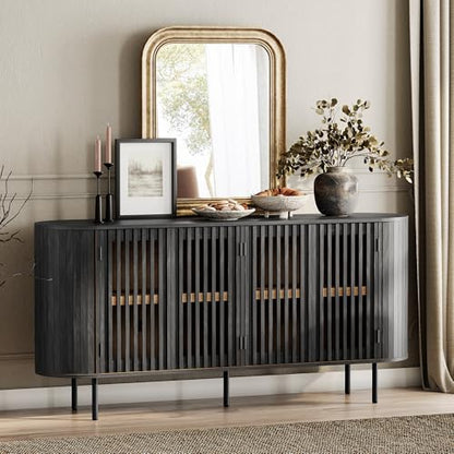 WAMPAT 64.4" Fluted TV Stand, Wood Entertainment Center for TVs Up to 70 inches, Curved Edge Media Console Table with Doors and Shelves for Living Room, Bedroom, Black - color: Black